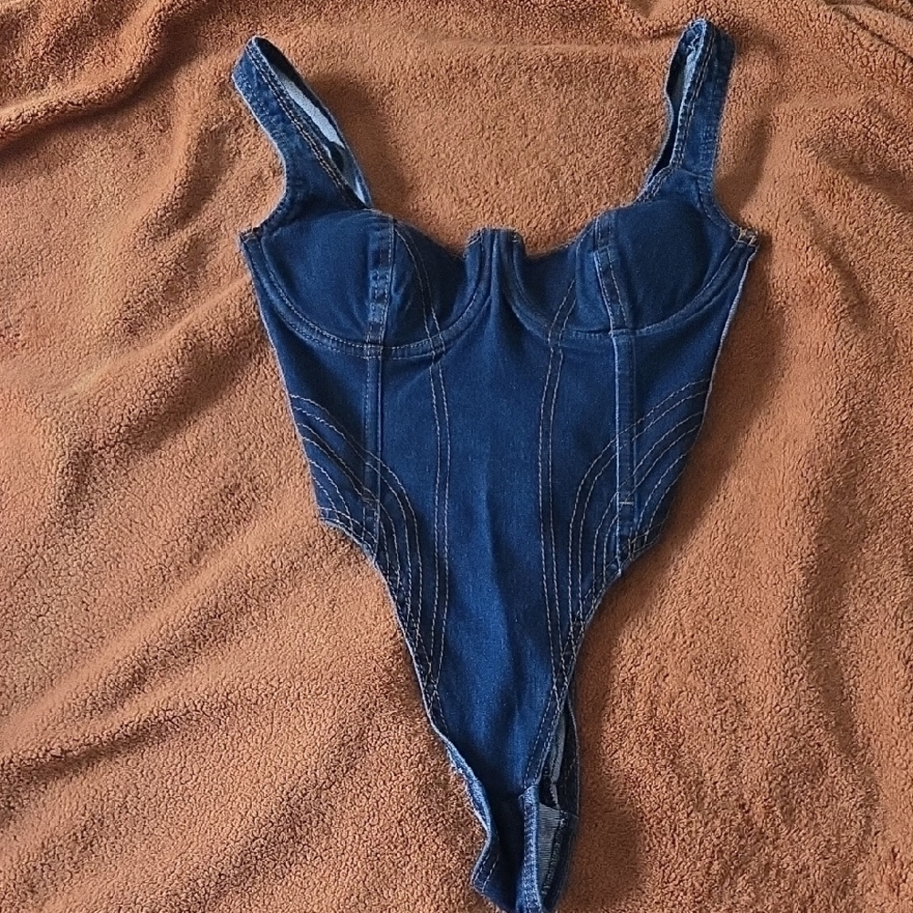 Adidas Ivy Park Blue Bodysuit with Sweetheart Neckline and High-Cut Legs
